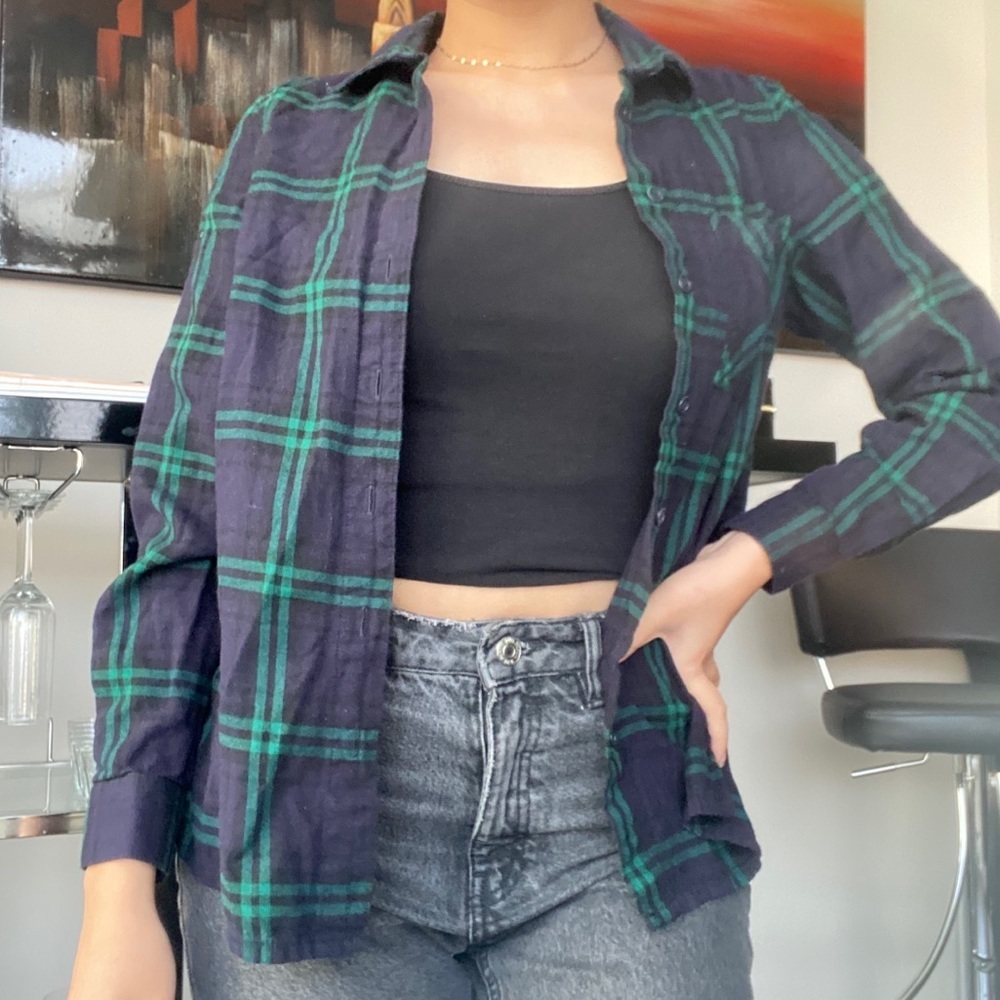 NEW LOOK Navy Green Plaid Flannel Shirt Button Up
